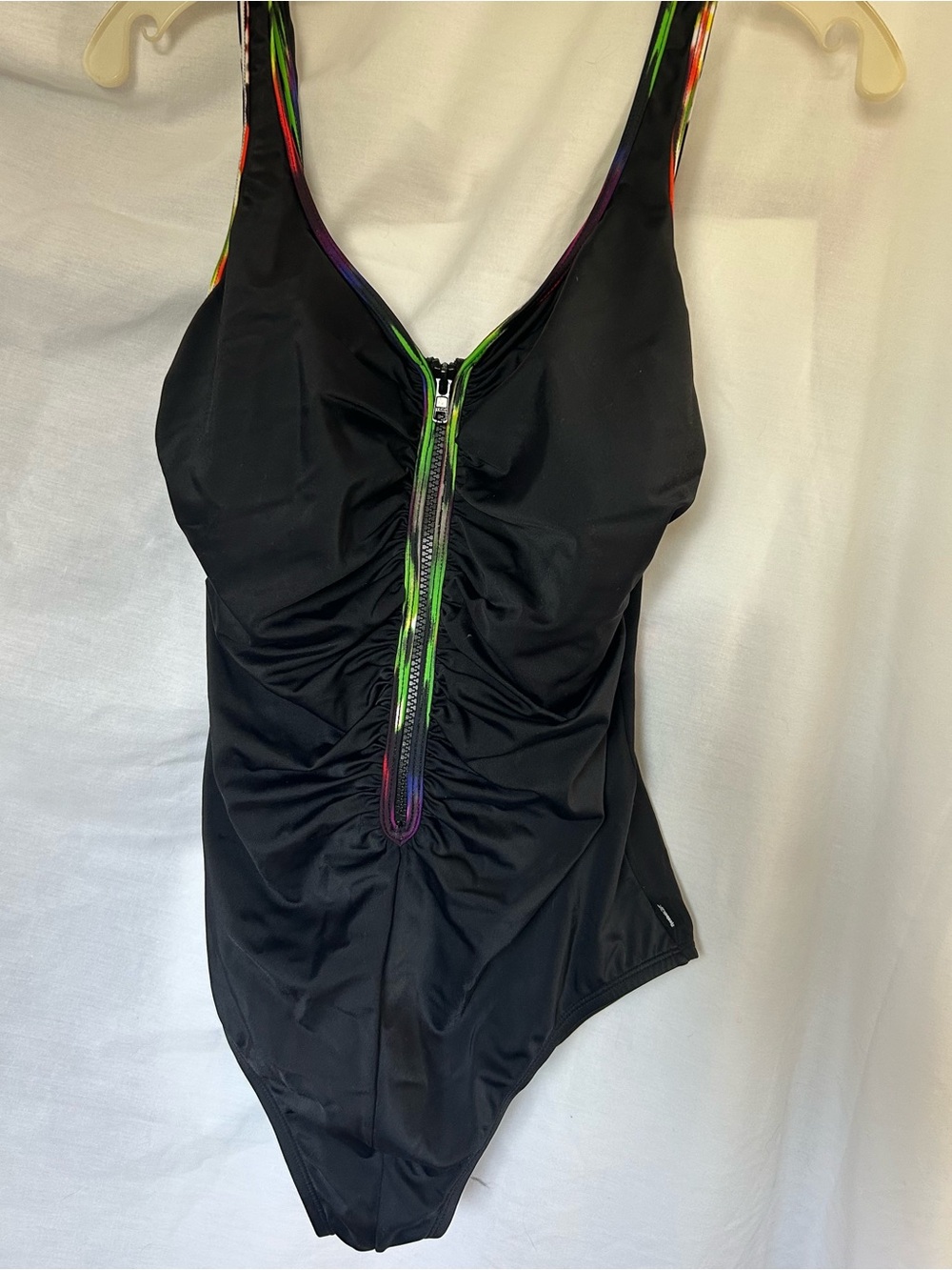 Reebok Women’s Black One-Piece Swimsuit with Rainbow Zip Front. Size 12